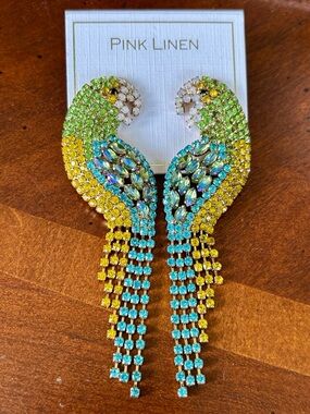 Pink Linen Tropical Parrot Rhinestone Statement Fringe Drop Earrings Summer Bird